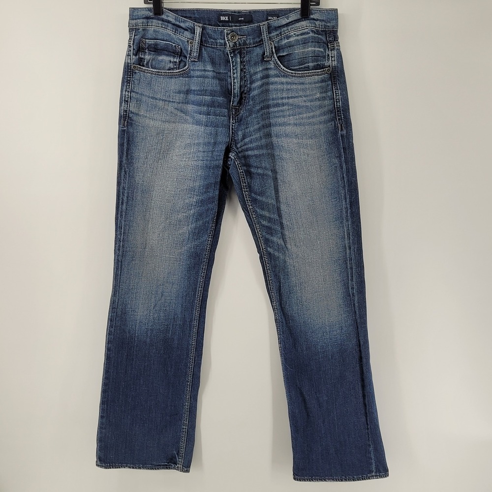 BKE Jake Jeans Mens 33x32 Blue Straight Leg Stretch ABC15244 Whiskered